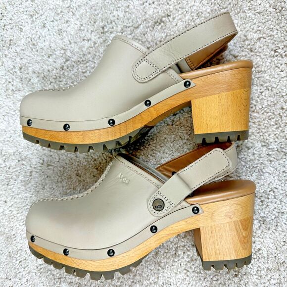 UGG Lanni Studded Slingback Tan Leather & Wool Clogs Mule Womens 8 Chunky Heel - Picture 1 of 5